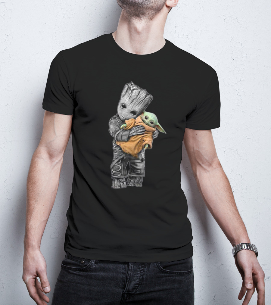 Baby Yoda And Groot Hugging Crossover Characters T-Shirt
