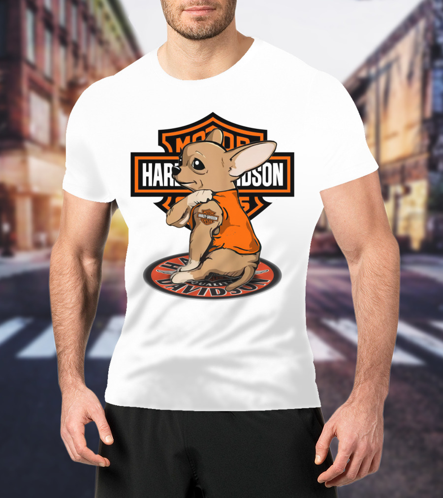 Harley Davidson Chihuahua With Orange Jacket And Motor T-Shirt