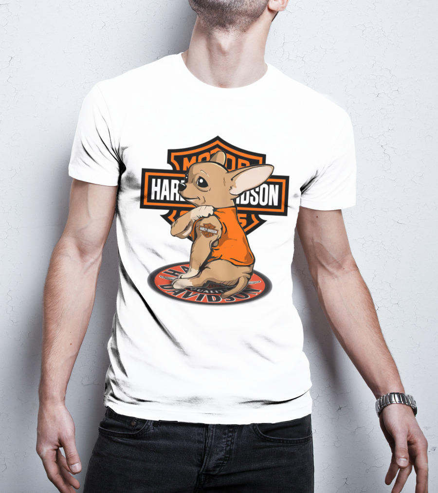 Harley Davidson Chihuahua With Orange Jacket And Motor T-Shirt