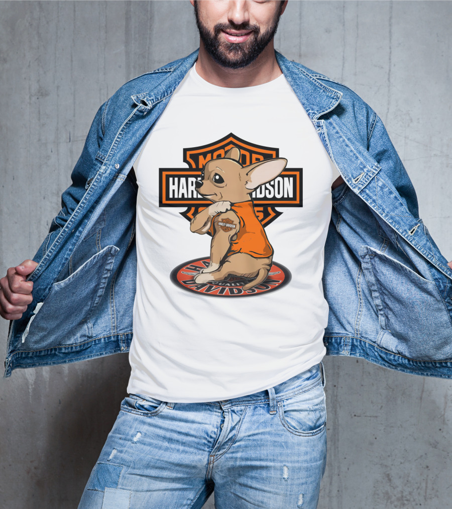 Harley Davidson Chihuahua With Orange Jacket And Motor T-Shirt