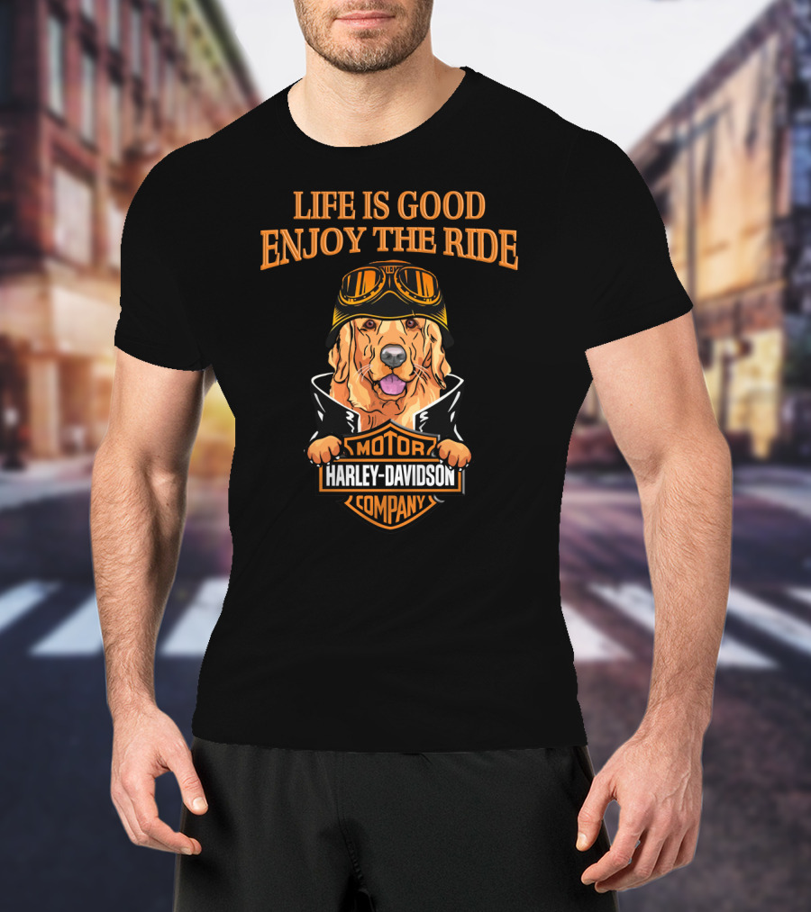 Life Is Good Enjoy The Ride Harley Davidson Golden Retriever Moto Style T-Shirt