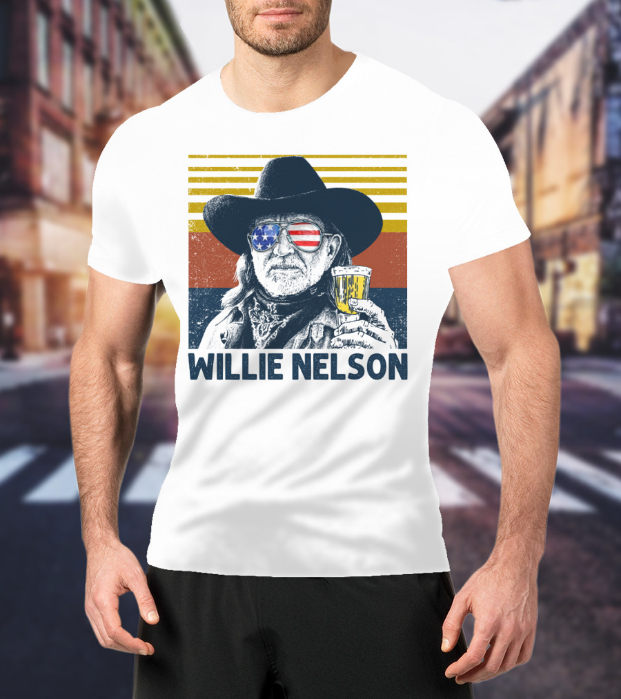 Willie Nelson USA Flag Sunglasses Beer Stripes T-Shirt