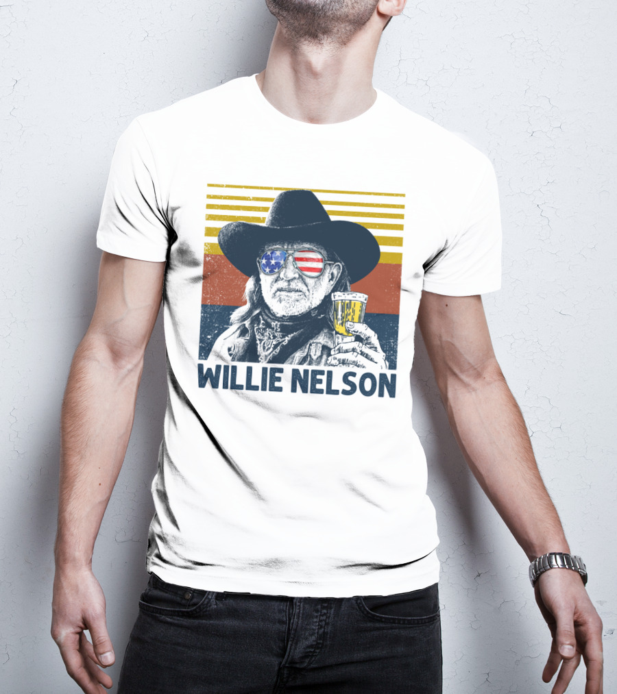 Willie Nelson USA Flag Sunglasses Beer Stripes T-Shirt