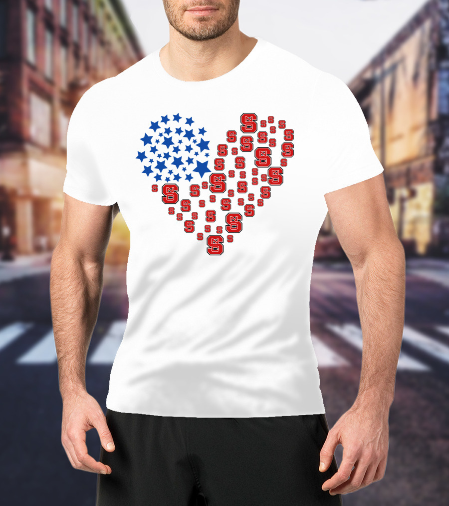 Nc State Heart Flag Blue Stars Red Logos T-Shirt