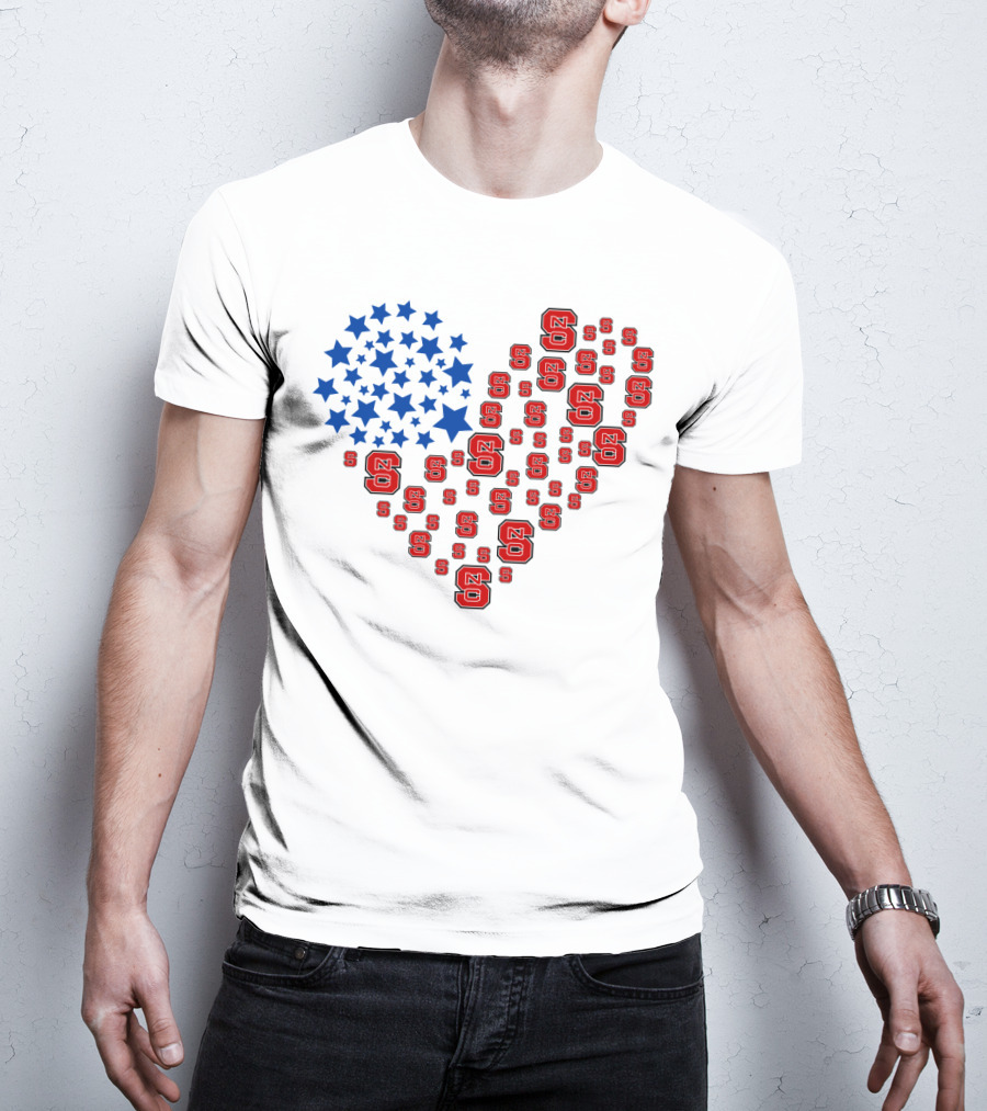Nc State Heart Flag Blue Stars Red Logos T-Shirt