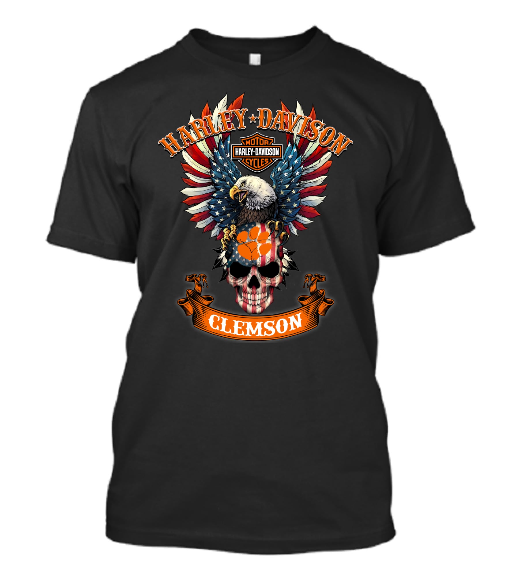 Harley Davidson Motor Cycles Eagle Skull Clemson T-Shirt
