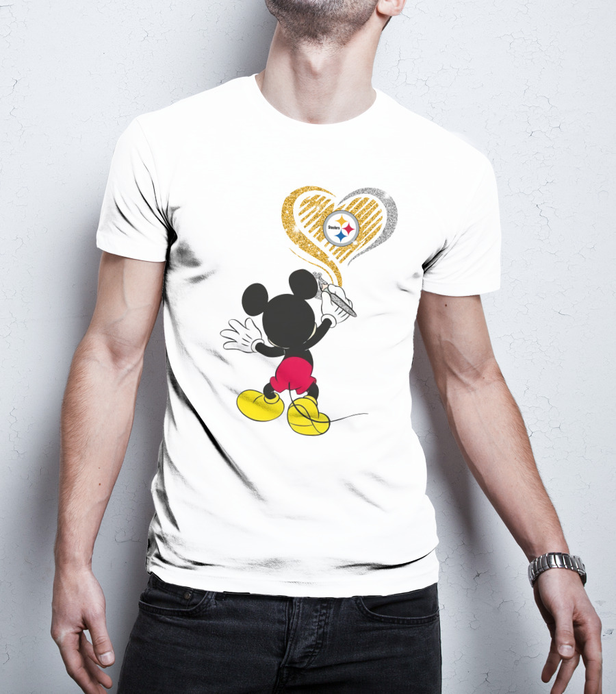 Mickey Mouse Drawing Heart With Pittsburgh Steelers T-Shirt