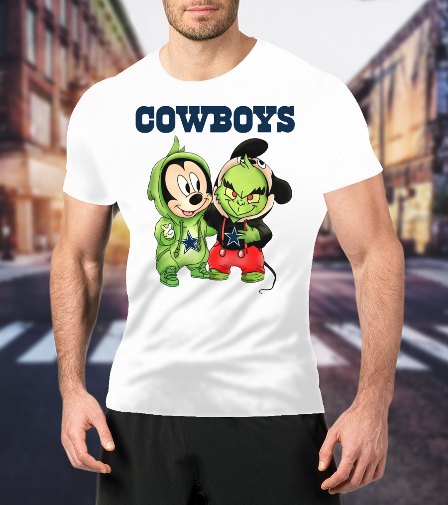 Cowboys Mickey Mouse And Grinch Collaboration Football Fan Style T-Shirt
