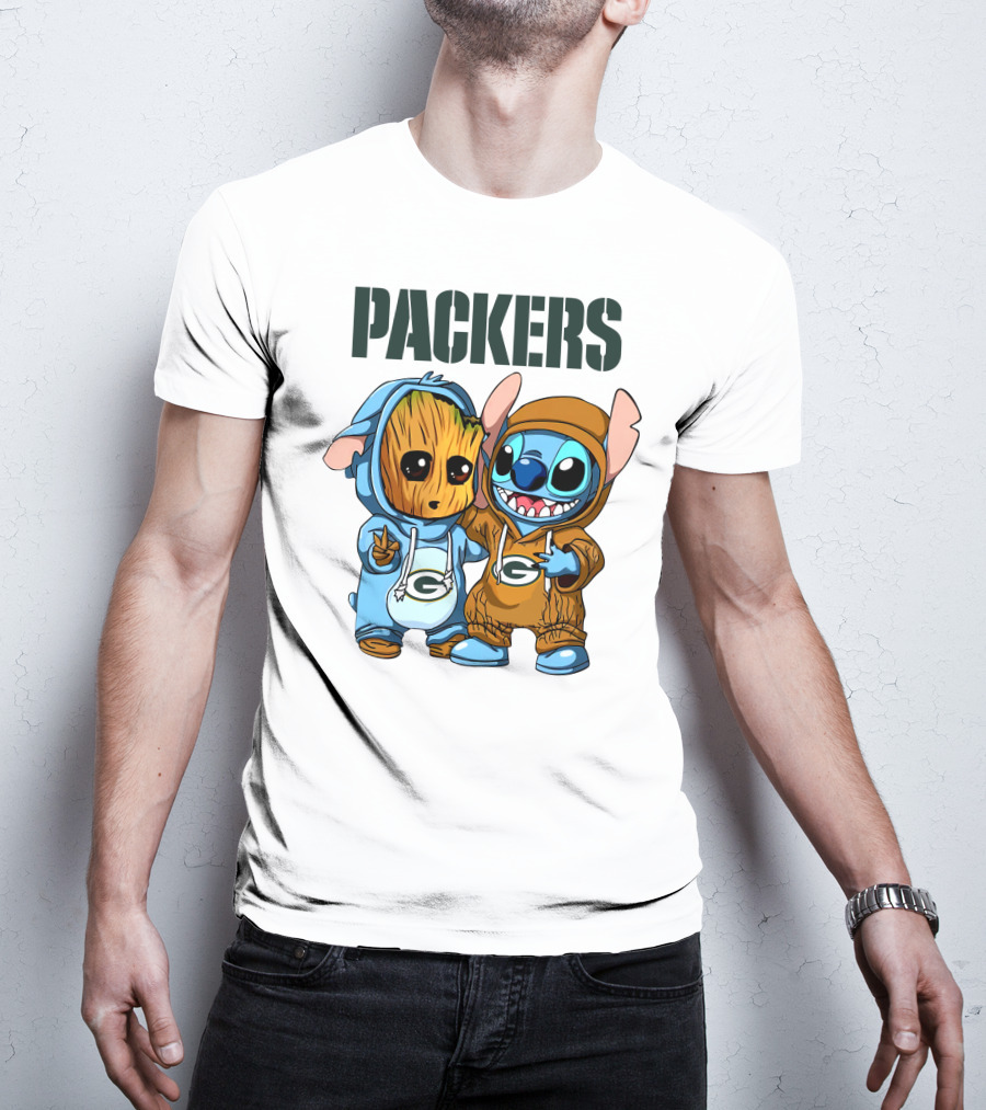 Packers Groot And Stitch Hug Wearing Green Bay Packers Hoodies T-Shirt