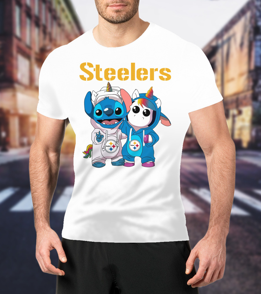 Steelers Stitch And Unicorn Duo With Rainbow Horns T-Shirt