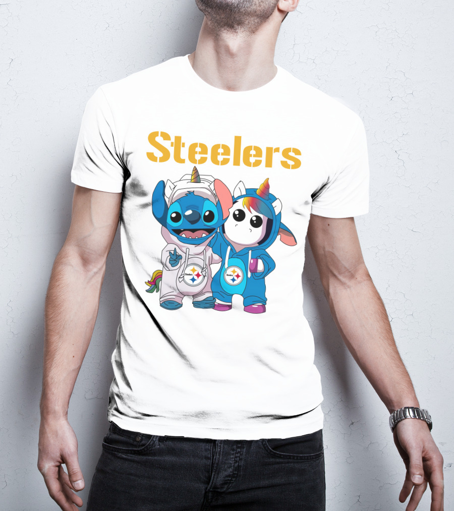 Steelers Stitch And Unicorn Duo With Rainbow Horns T-Shirt