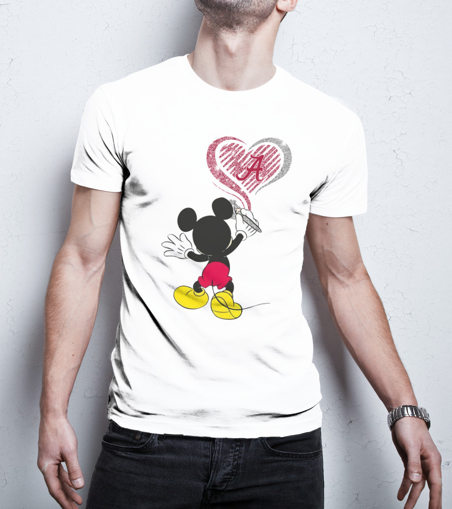 Mickey Mouse Drawing Alabama Crimson Tide Heart T-Shirt