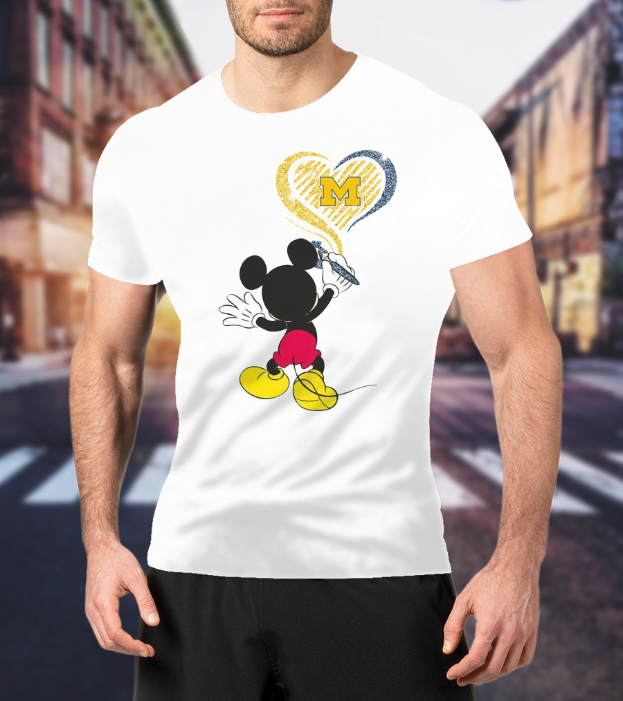 Michigan Wolverines M In Yellow And Blue Heart With Disney Mickey Character T-Shirt