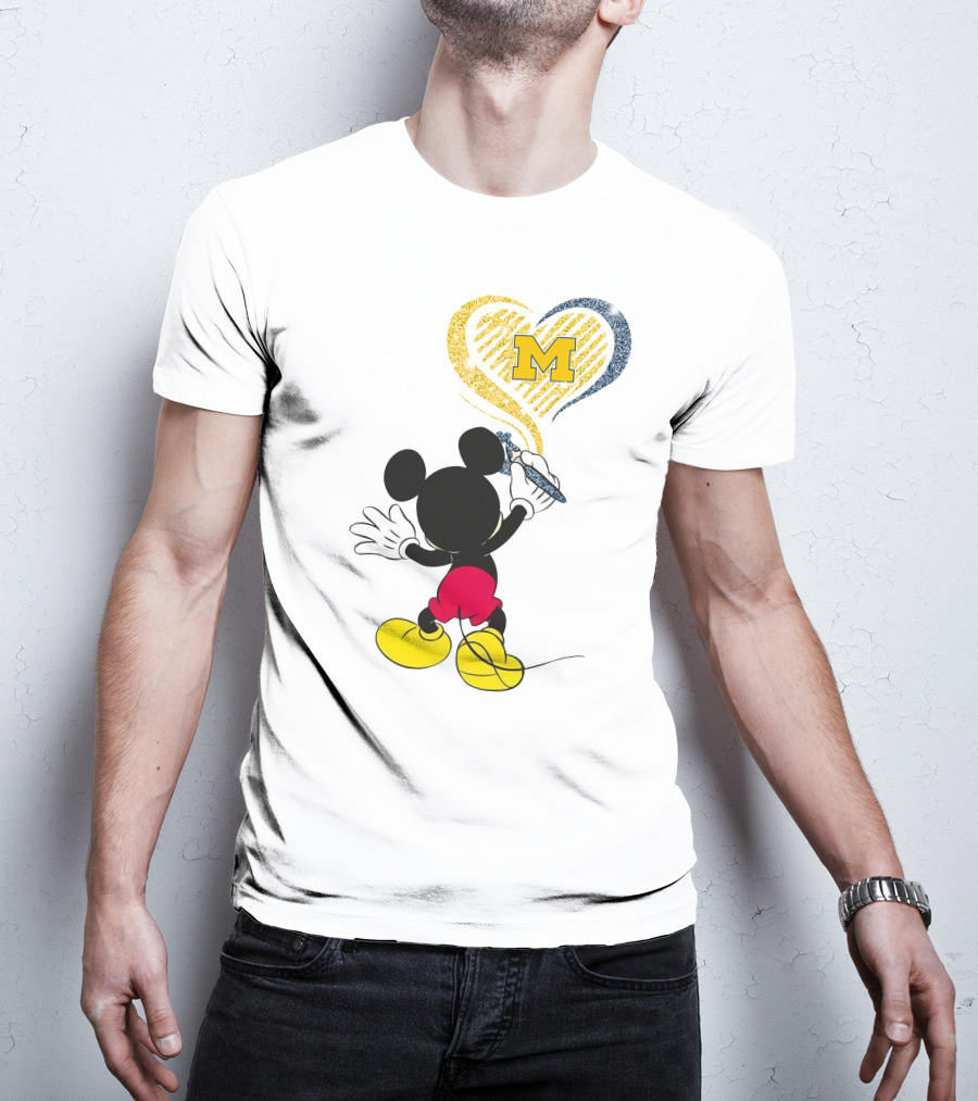 Michigan Wolverines M In Yellow And Blue Heart With Disney Mickey Character T-Shirt