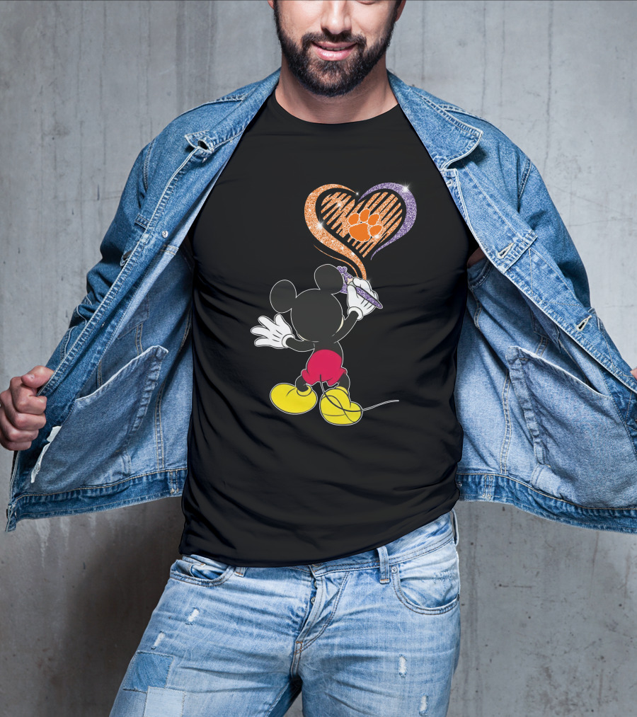 Mickey Painting Clemson Tigers Paw In Heart Shape T-Shirt
