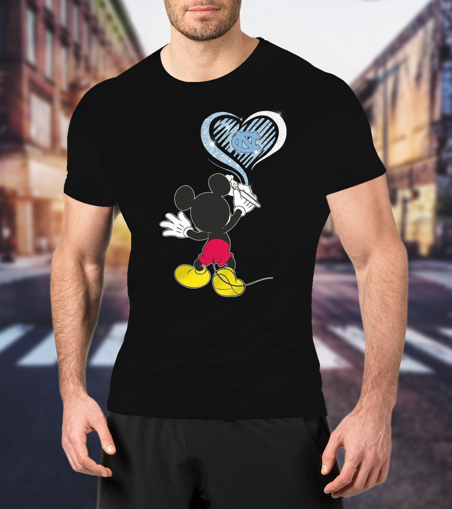 Mickey Mouse Drawing North Carolina Tar Heels In Heart Shape T-Shirt