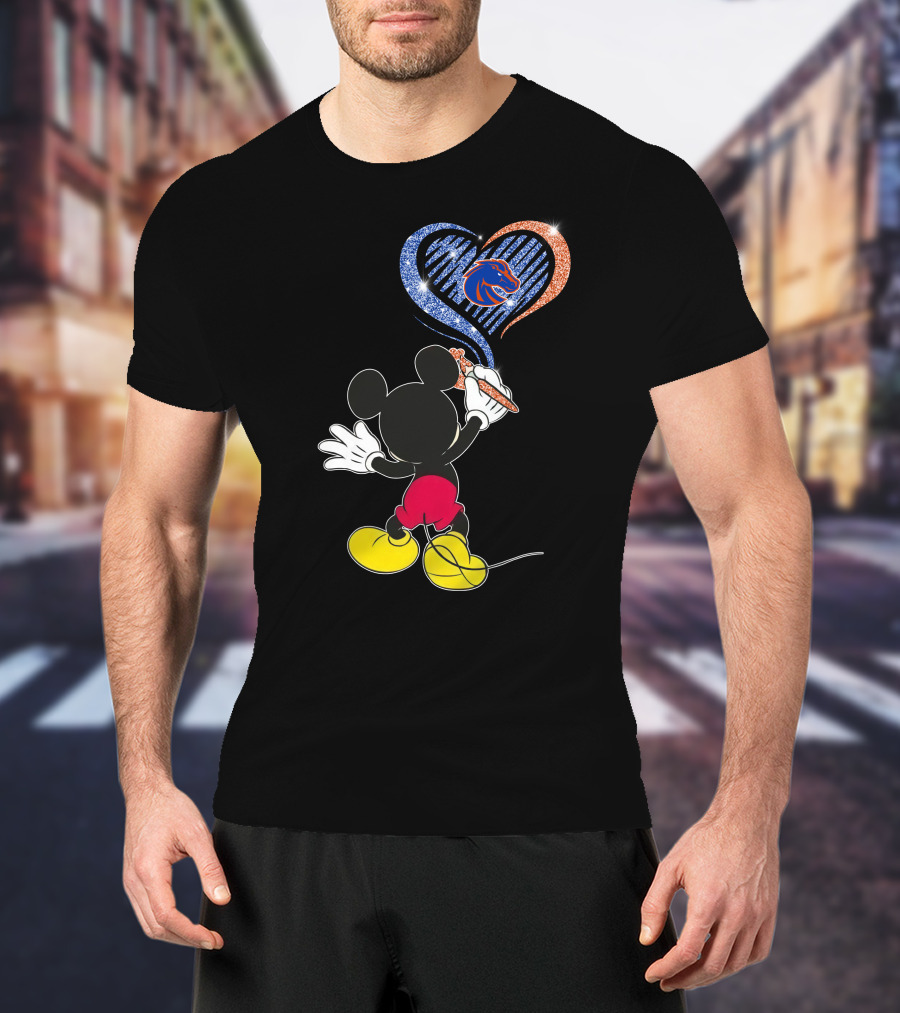 Mickey Painting Blue And Orange Heart Boise State Broncos T-Shirt