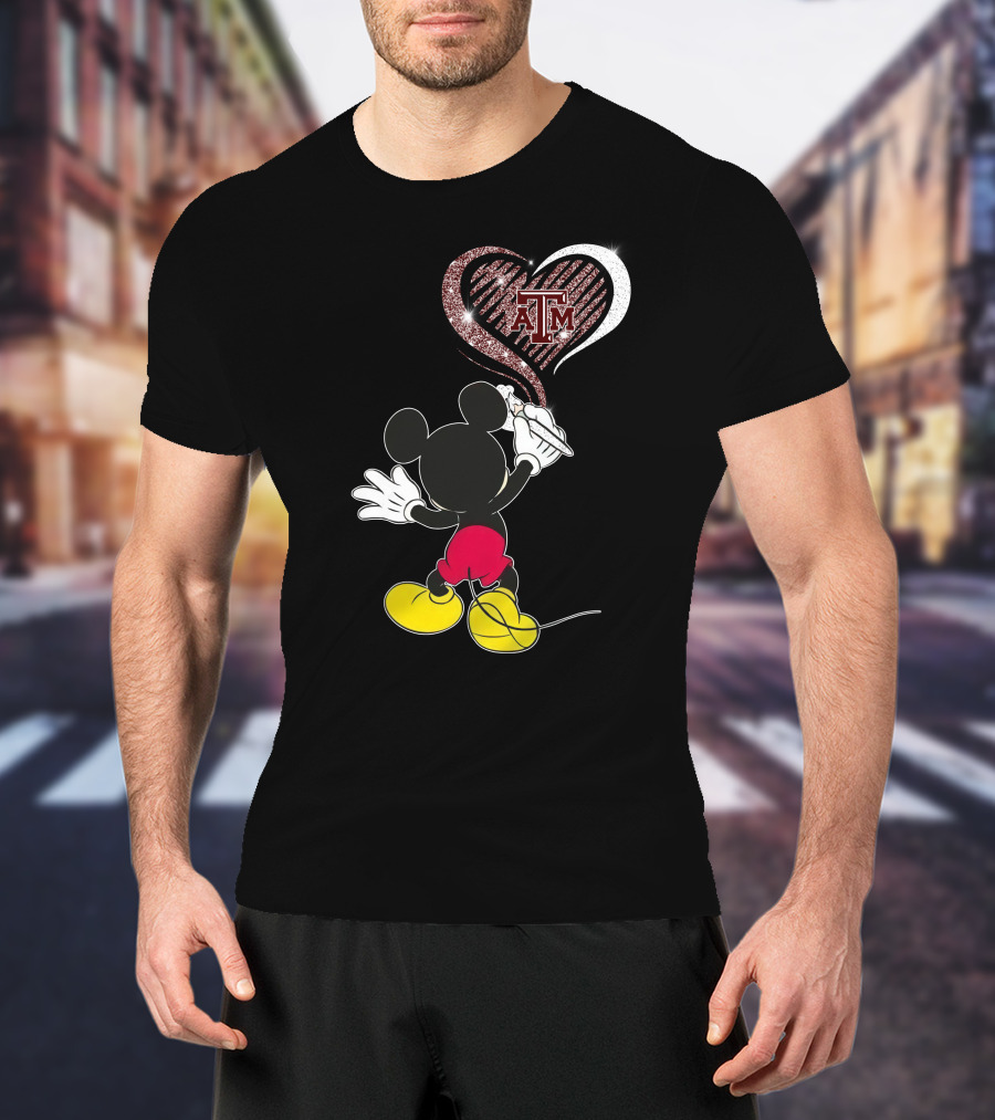 Mickey Drawing Heart With ATM Logo Texas A&M Aggies T-Shirt