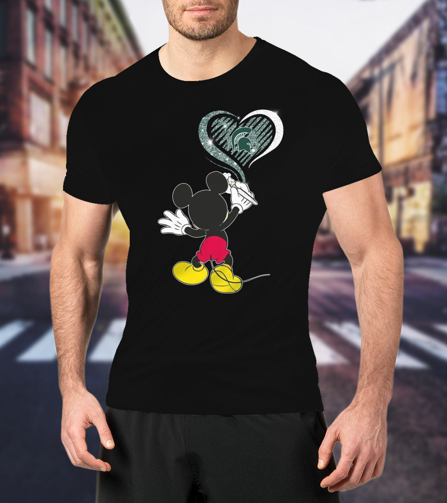 Mickey Mouse Drawing Heart Michigan State Spartans T-Shirt