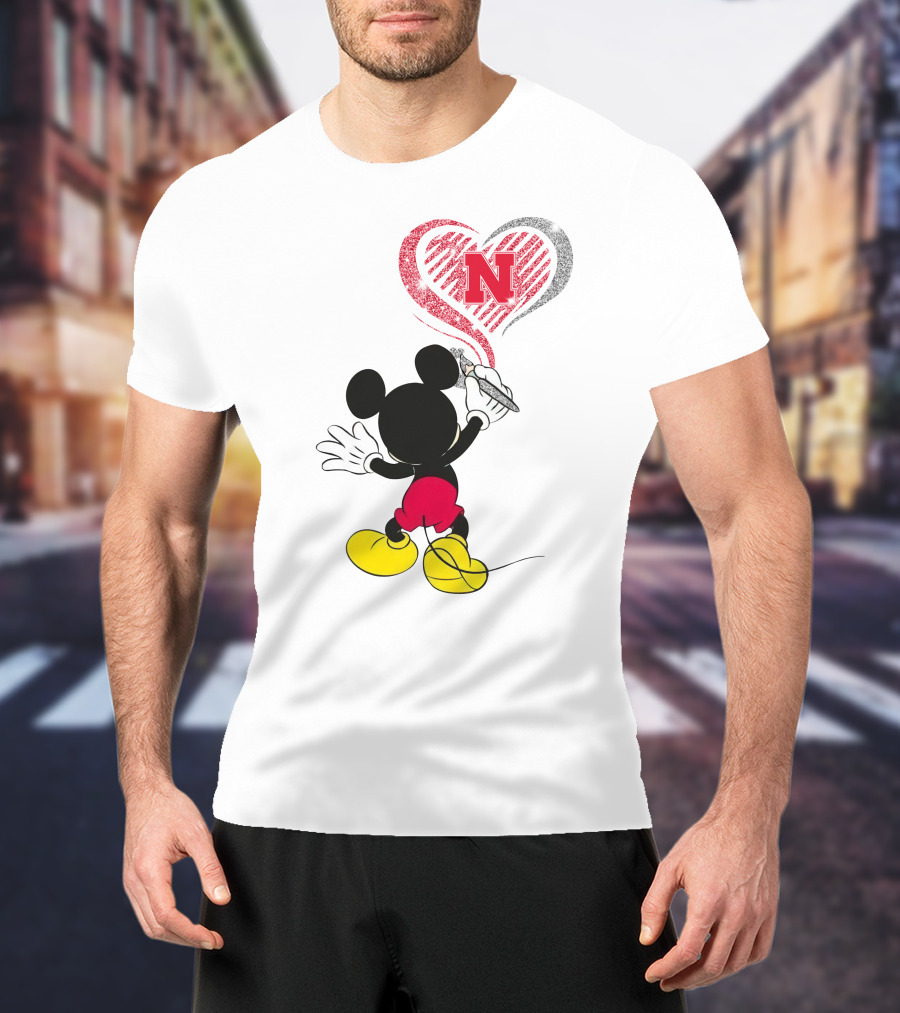 Mickey Mouse Nebraska Cornhuskers Heart Drawing T-Shirt