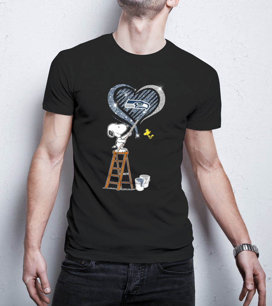Snoopy Painting Seattle Seahawks Logo Heart With Woodstock T-Shirt