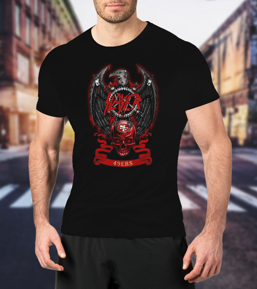 Slayer Sf 49ers Skull Nfl 28 Ravens Wings Crest T-Shirt