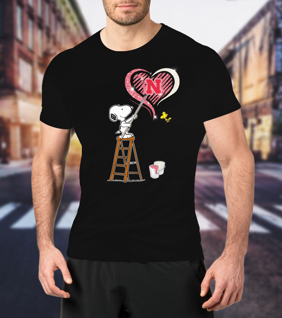 Snoopy Nebraska Huskers Heart Painting Woodstock Collaboration T-Shirt