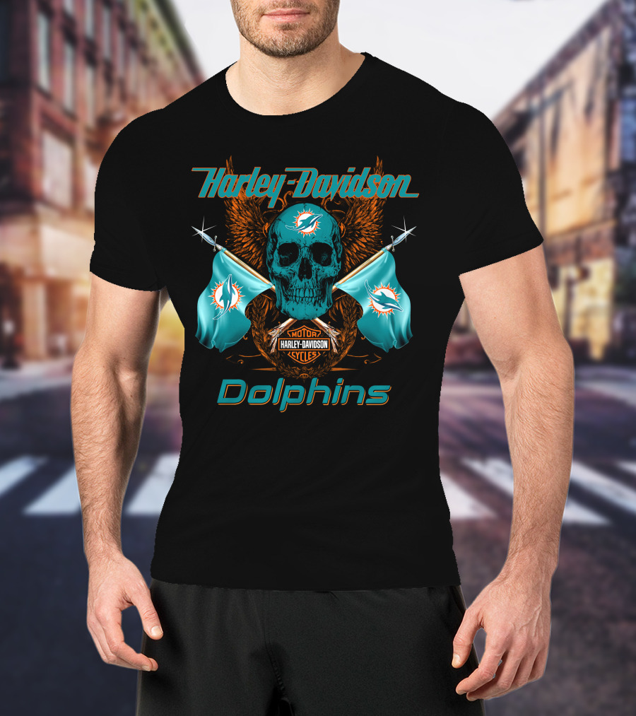 Harley Davidson Dolphins Skull Motor Cycles Flag T-Shirt