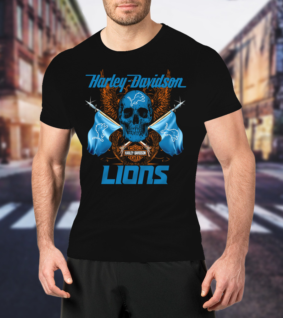 Harley Davidson Lions Skull Motor Cycles Flags T-Shirt