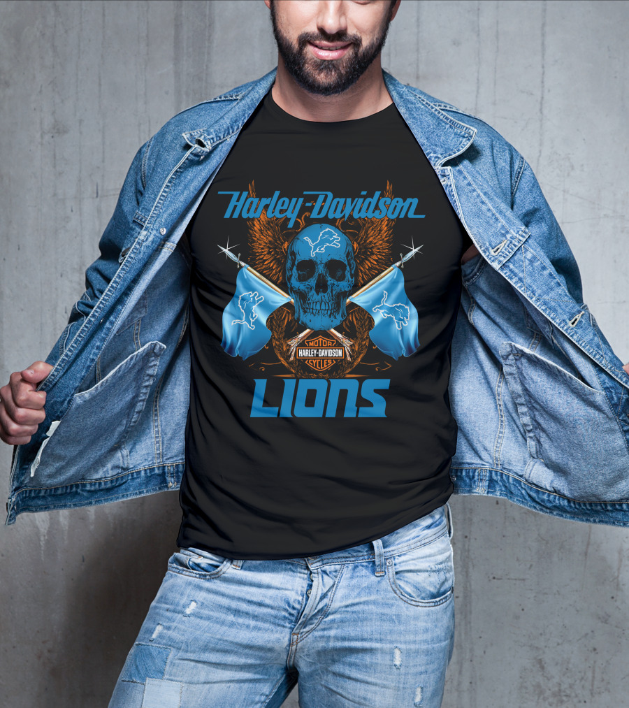 Harley Davidson Lions Skull Motor Cycles Flags T-Shirt