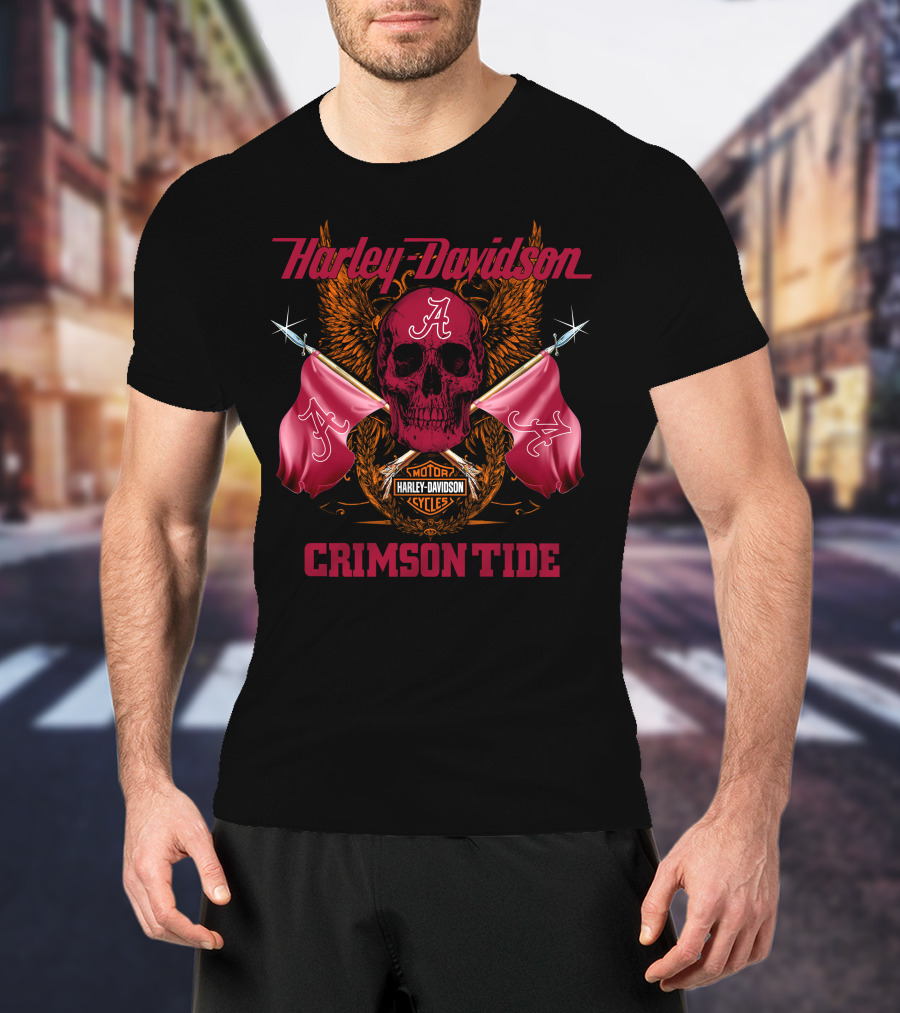 Crimson Tide Harley Davidson Skull And Flags T-Shirt