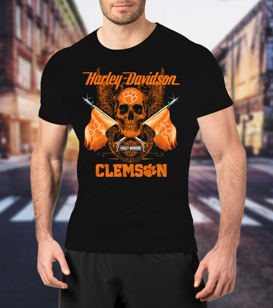 Harley Davidson Clemson Skull With Orange Flags And Paw Print T-Shirt