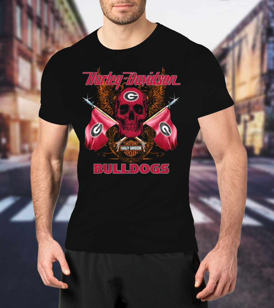Harley Davidson Bulldogs Georgia Skull Flags T-Shirt