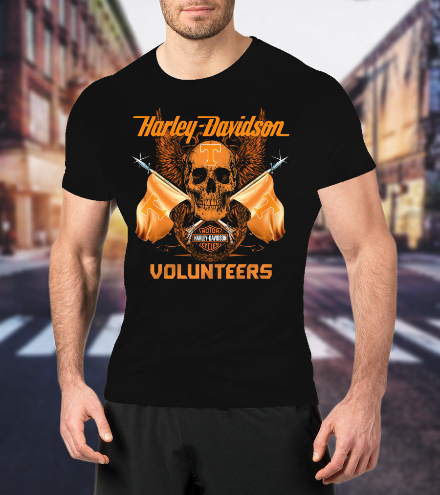 Harley Davidson Volunteers Skull Orange Flags Winged T-Shirt