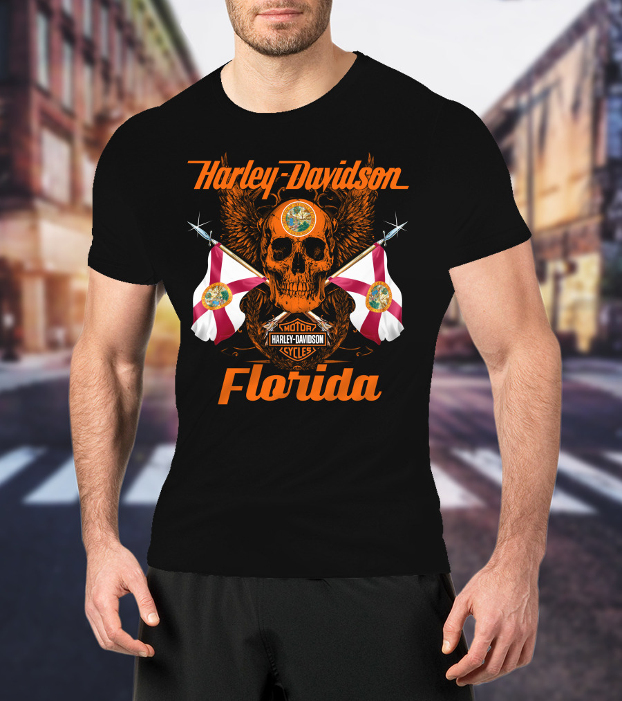 Harley Davidson Florida Skull With Flags And Logo Motif T-Shirt