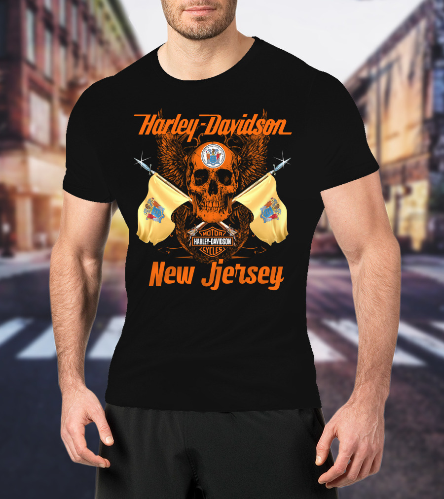 Harley Davidson New Jersey Skull Flags Motorcycle Cycles T-Shirt