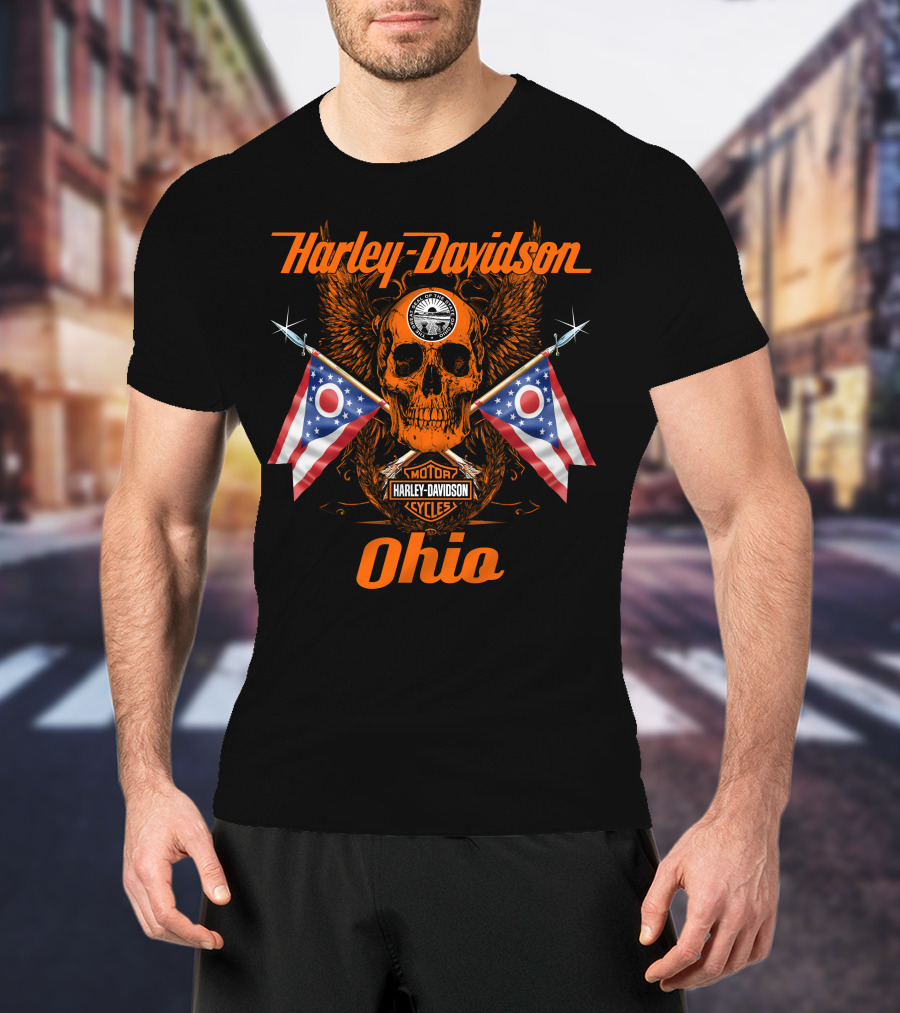 Harley Davidson Ohio Skull With Flags And Wings T-Shirt