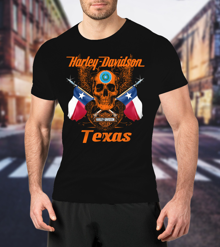 Harley Davidson Texas Skull And Crossed Flags With State Seal And Cycles T-Shirt