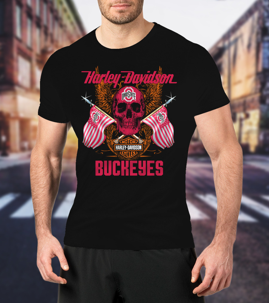 Harley Davidson Ohio State Buckeyes Motor Cycles Flags Skull T-Shirt