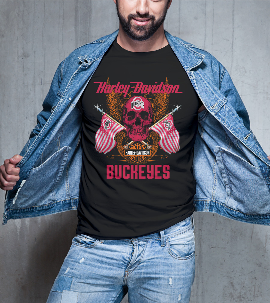 Harley Davidson Ohio State Buckeyes Motor Cycles Flags Skull T-Shirt