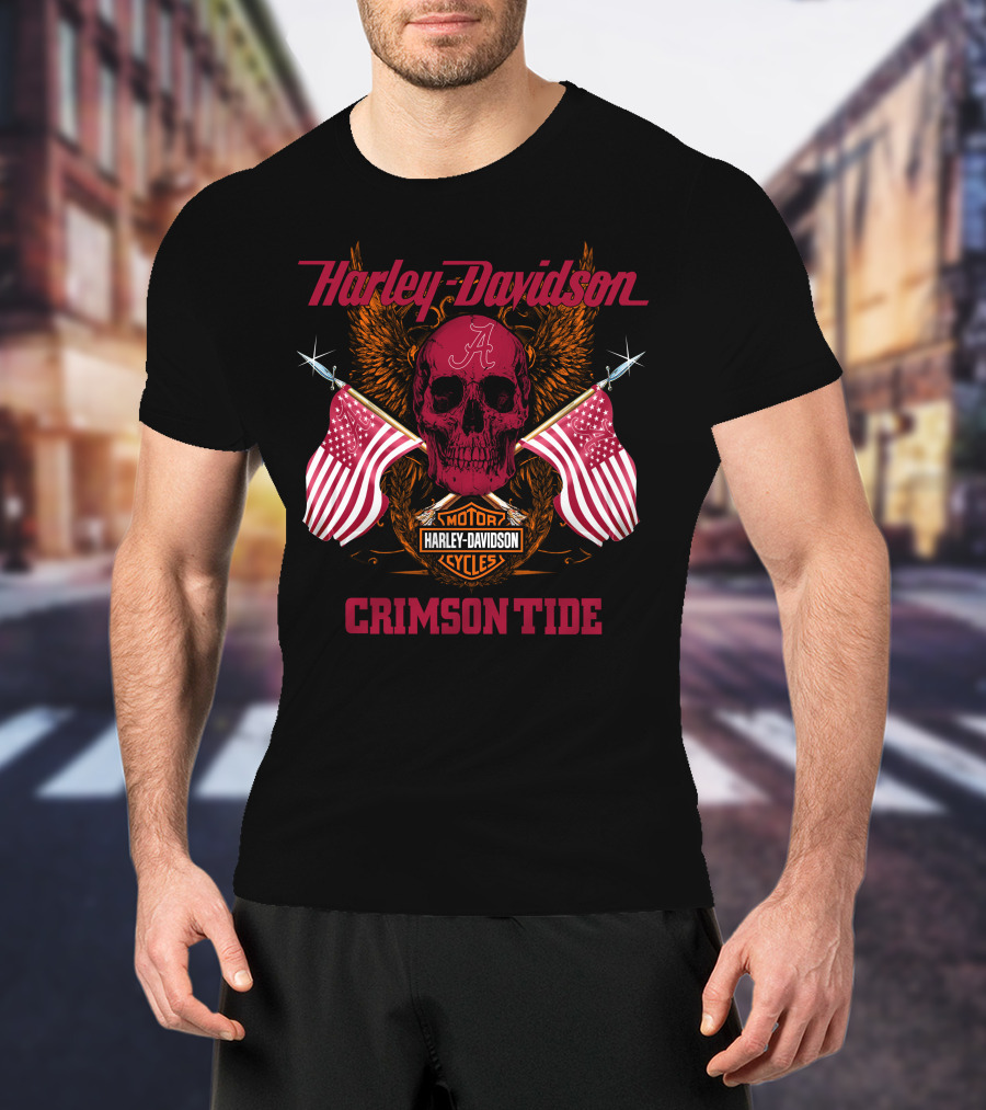 Harley Davidson Crimson Tide Skull Flags Alabama T-Shirt