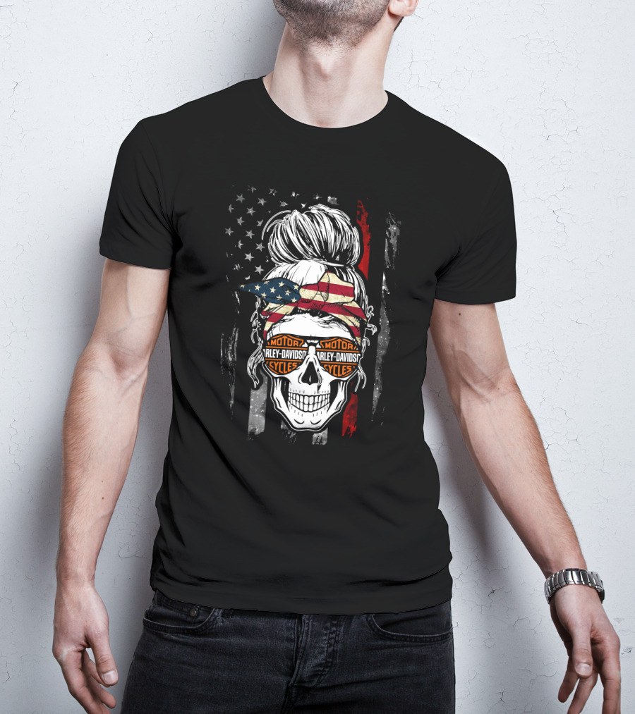 Harley Davidson Skull With American Flag Bandana And Sunglasses T-Shirt