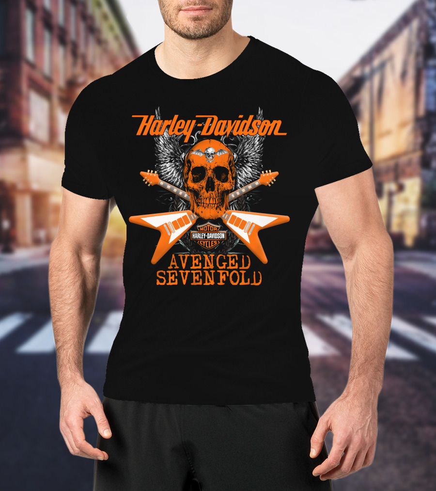 Harley Davidson Avenged Sevenfold Electric Guitar Skull Winged T-Shirt