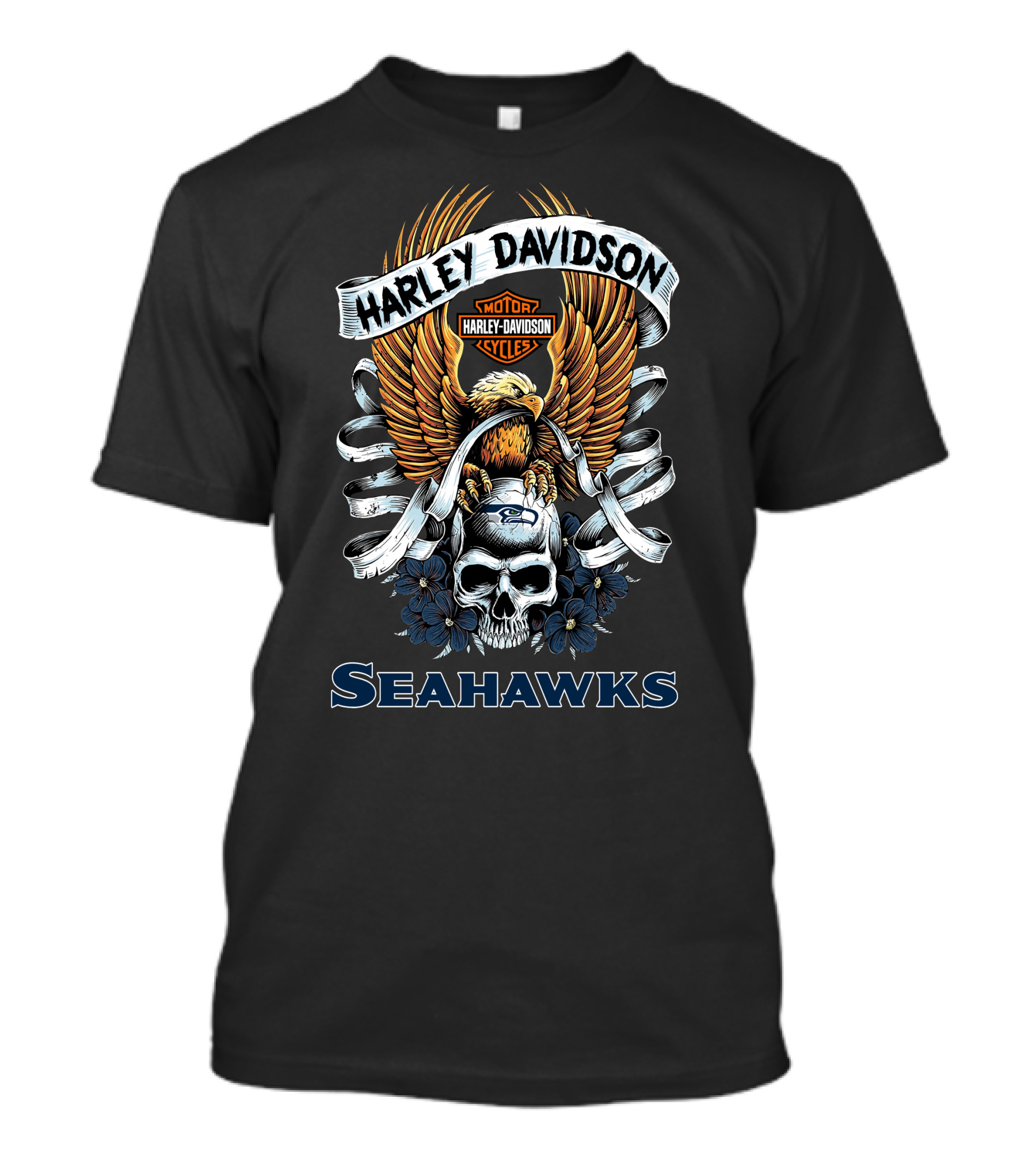Harley Davidson Motor Cycles Skull Eagle Seattle Seahawks T-Shirt