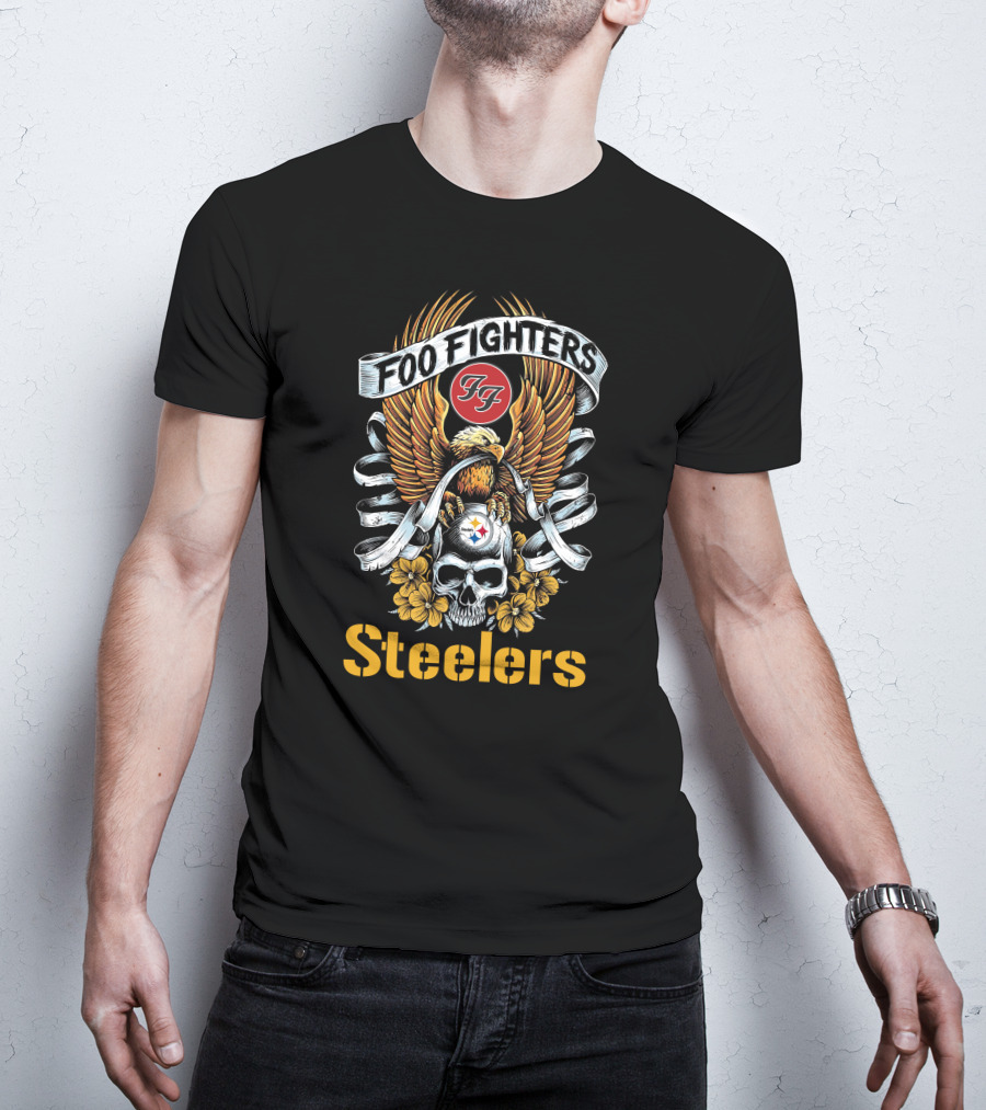 Foo Fighters Steelers FF Skull Eagle Floral Motif T-Shirt