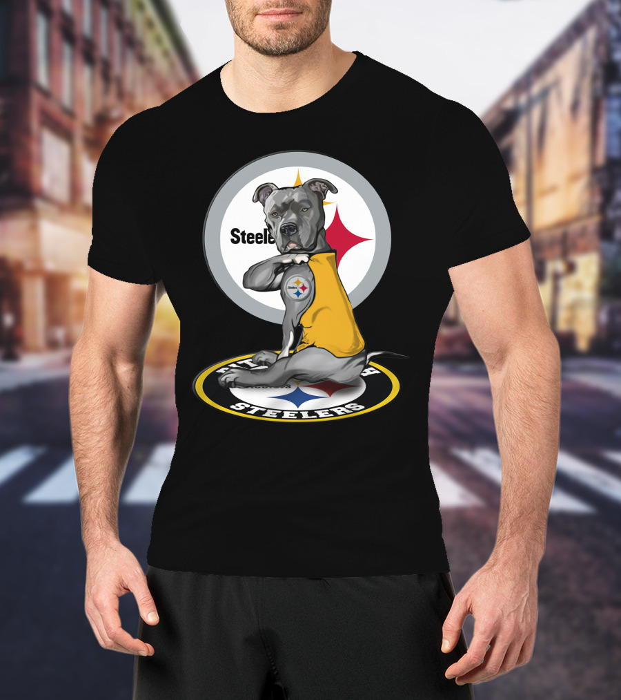 Pittsburgh Steelers Dog With Logo Tattoo And Yellow Vest T-Shirt