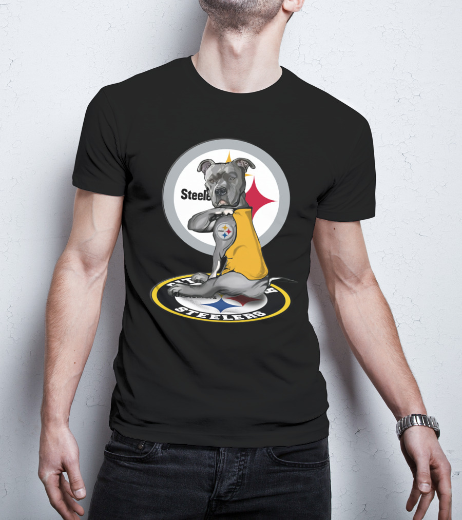 Pittsburgh Steelers Dog With Logo Tattoo And Yellow Vest T-Shirt