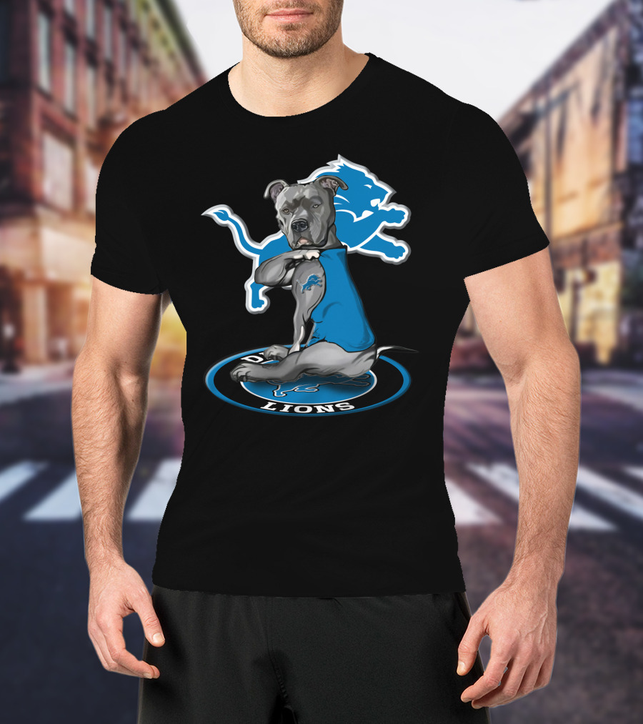 Detroit Lions Dog In Blue Jersey With Team T-Shirt