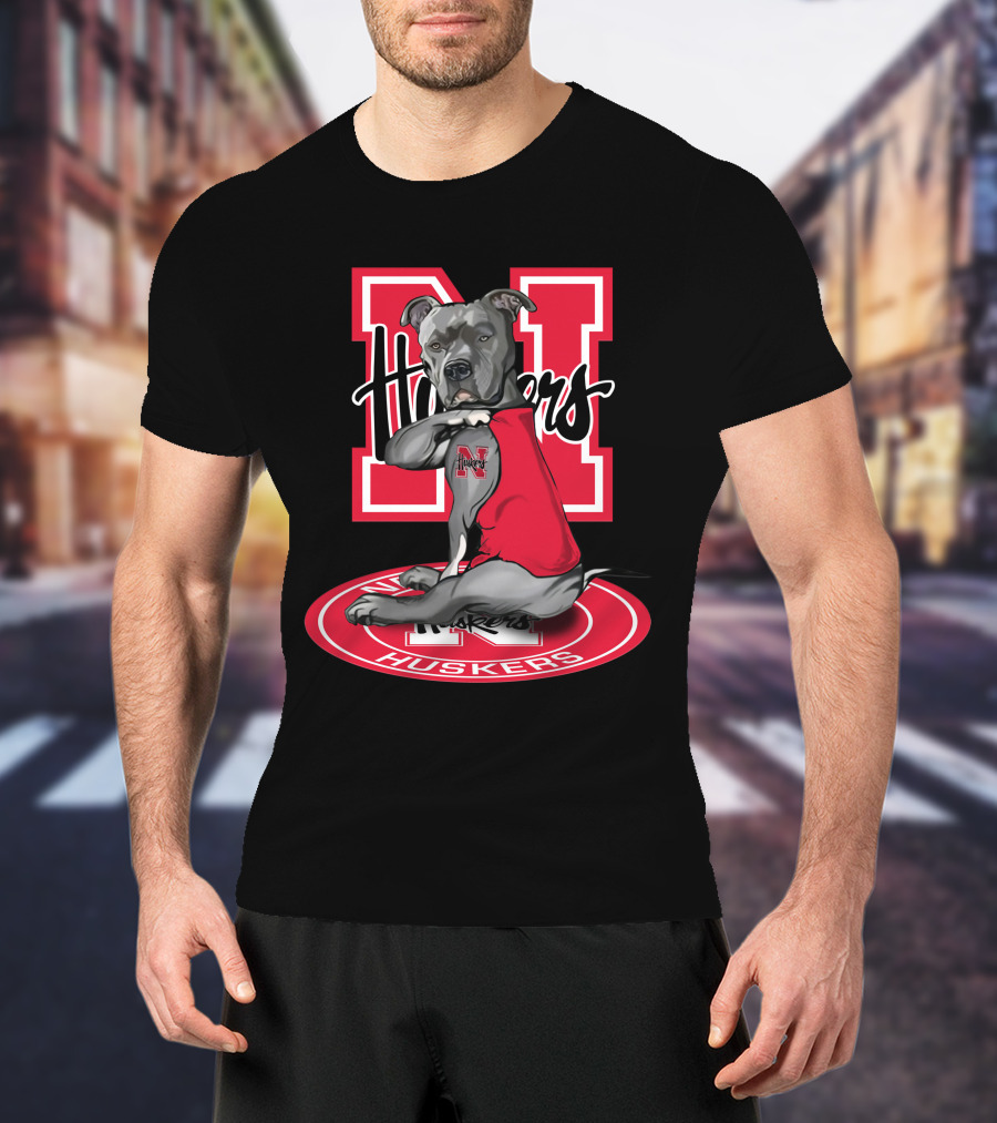 Nebraska Cornhuskers N Logo With Dog Wearing Red Husker T-Shirt
