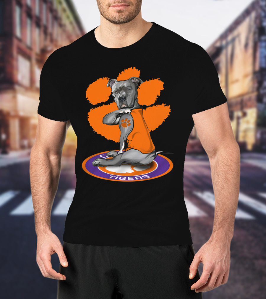 Clemson Tigers Dog With Paw Print Tattoo And Orange Vest T-Shirt